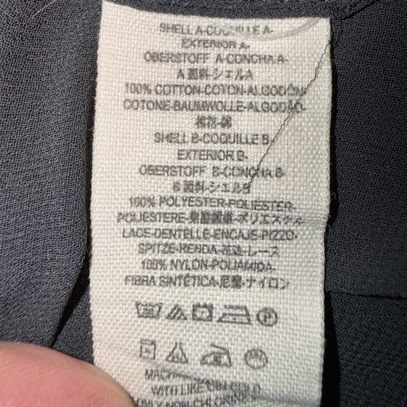 Free People Denim & Lace Boho Blouse Size XS Gray Black Sheer Panel Top - Picture 15 of 16